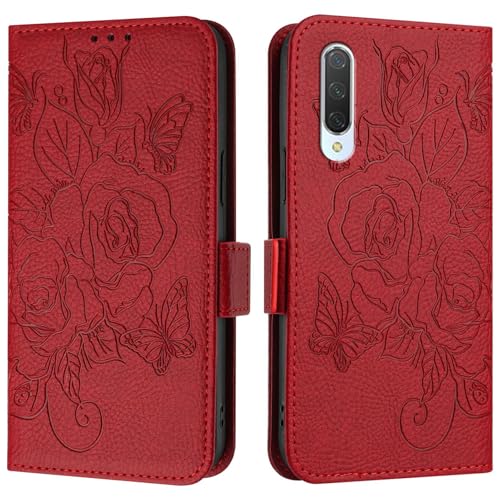 Étui pour Xiaomi Mi 9 Lite et CC9 : housse portefeuille en cuir PU rouge avec dragonne
