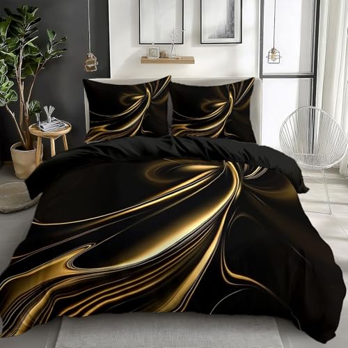 Bettwäsche Set 135 x 200 cm Elegant psychedelisch Linien schwarzes Gold...