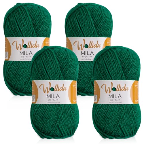 Wollidu Mila Garn zum Häkeln und Stricken 4 x 50g/133m Strickgarn 100% Polyacryl Häkelgarn Gras Grün
