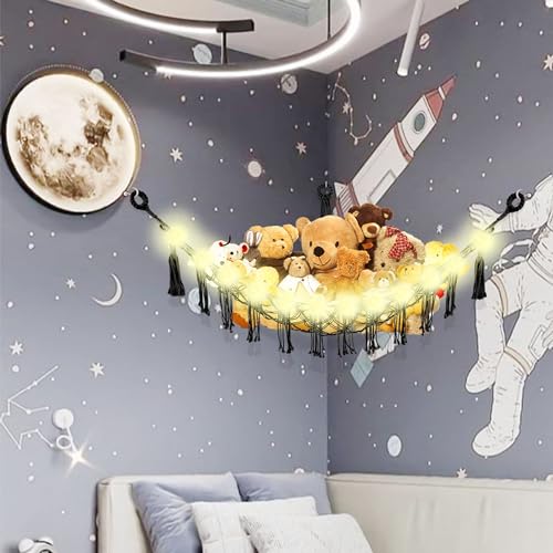 Image of CERETIA Stuffed Animal Hammock with LED Light, Large Stuffed Animals Storage Corner Plushie Net for Kids Room Decor, 2 Packs Black