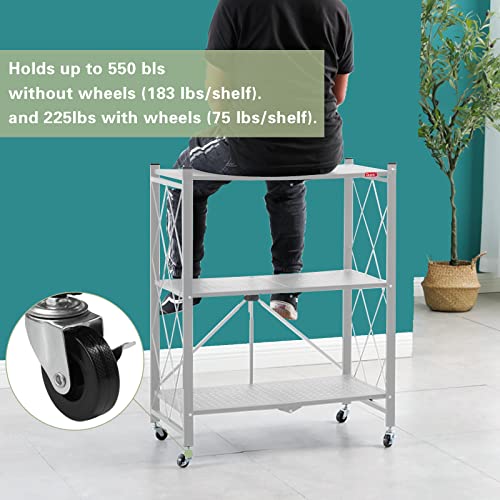 Image of DEANIC 3 Tier Foldable Storage Shelves with Wheels, Kitchen Appliance Stand, Freestanding Metal Wire Shelf Rack, No Assembly Organizer Rolling Cart for Garage, Basement, Pantry(Grey)