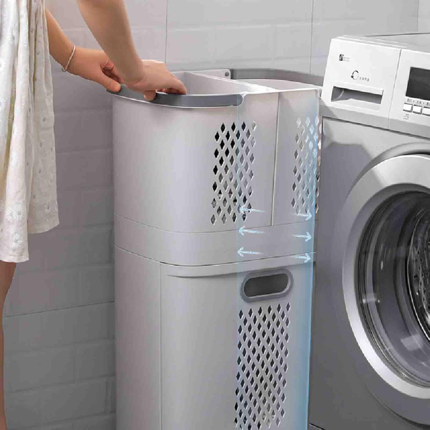 Laundry Basket, Layered Design, Above Two Small Storage Baskets, Bottom Half of Closed Design, Multifunctional Dirty Clothes Basket with Shelves for Bathroom, College Dorm