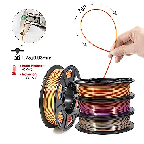 Image of iSANMATE 3D Printer Filament, Tri-Color PLA Filament 1.75mm Bundle, Color Changing PLA Rainbow Filament, Coextrusion Silk PLA + /- 0.03 mm, 250g x 4 Spool