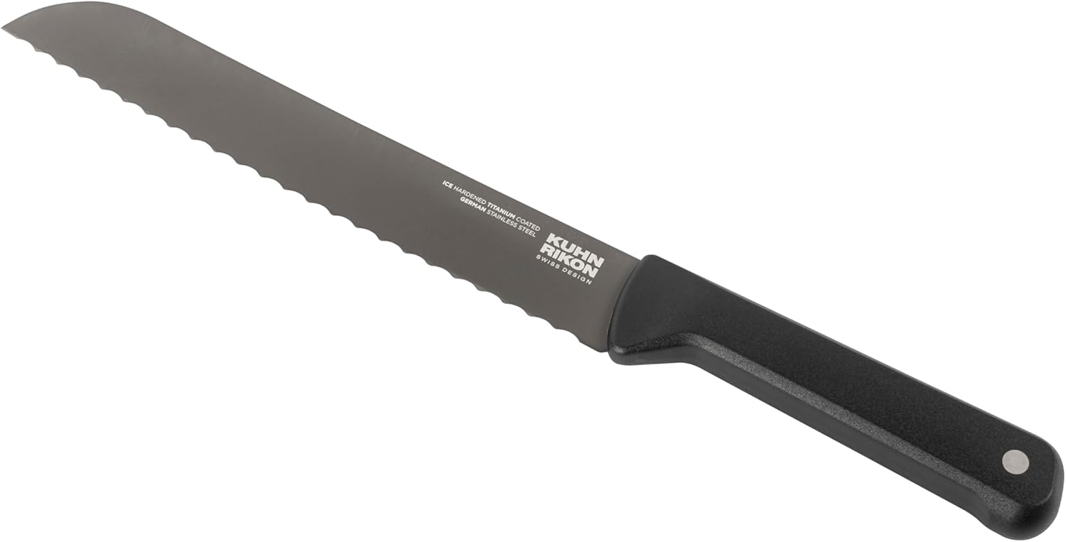 Kuhn Rikon ICED Bread Knife 7.87 Inch, Ice Hardened German Stainless Steel, Razor Sharp Titanium Coated Serrated Blade, Precision Everyday Kitchen Knife