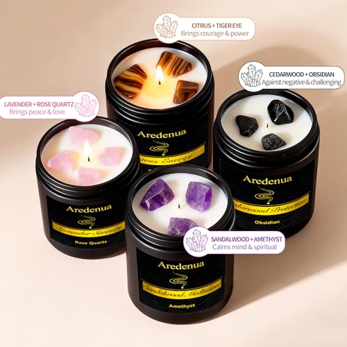 Image of Scented Candles Set, 4 Pack Crystal Healing Candles with Rose Quartz Amethyst Tiger Eye Obsidian, 7oz Natural Soy Wax Candles, Lavender Citrus Sandalwood Cedar, Meditation Gifts for Women Men