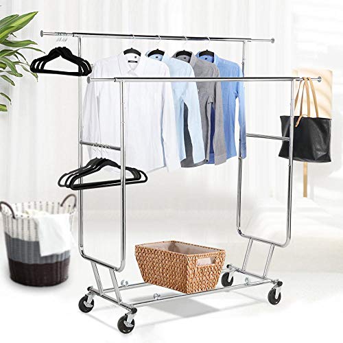 Yaheetech Commercial Clothing Garment Rack Rolling Collapsible Rack Hanger Holder Heavy Duty Double Rail Clothes Rack Extendable Clothes Hanging Rack 2 Omni-Directional Casters W/Brake,250 Lb Capacity #TOP1