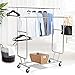 Yaheetech Commercial Clothing Garment Racks on Wheels, Grade Single Rod Adjustable Height Clothes Rack on Wheels for Hanging Clothes, Heavy Duty Upright Clothes Rack with Wheels, Silver