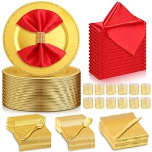 60 Guests Total 360 Pcs Bulk Gold Round Charger Plates Set Cloth Napkins Rhinestone Napkin Rings Disposable Gold Knife Fork Spoon for Wedding Birthday Party(Red)