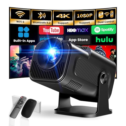 [Smart Projector & Built-in Apps] Mini Projector Support 4K 1080P FHD Portable Projector with WiFi and Bluetooth 180 Rotatable Auto Keystone Compatibile with HDMI/TV Stick/Memory Stick/Laptop Black