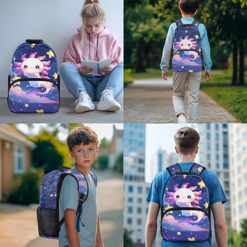 Gomyblomy Galaxy Axolotl Backpack for Girls 6-8 8-10 Kids School Bag with Lunch Bag Pencil Case Water Bottle Sleeve 4 in1 Set for Elementary Kindergarten 17 Inch Girls Bookbag with Compartment2