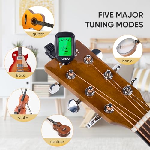aarvi clip on guitar tuner for all instruments acousticelectric guitar ukulele bass violin banjo large clear lcd display for guitar tuning chromatic tuner 4 pack guitar picks included