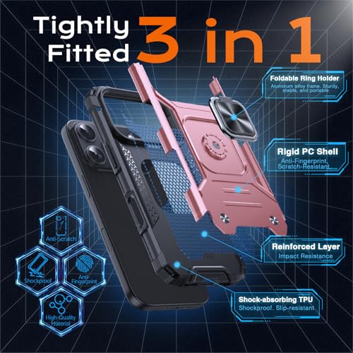 Image of Anqrp Heavy Duty Case for iPhone 17 Pro Case with Enhanced Ring Holder Grip Stand, Military Grade Shockproof Rugged Drop Protective Silicone Hard Slim iPhone 17 Pro Phone Case Cover,Pink Gold