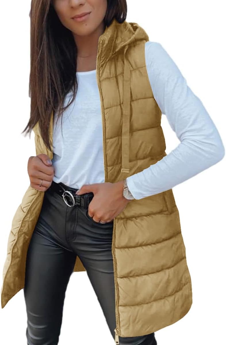 Veatzaer Women Long Vest Solid Color Sleeveless Hood Winter Puffer Vest Outwear