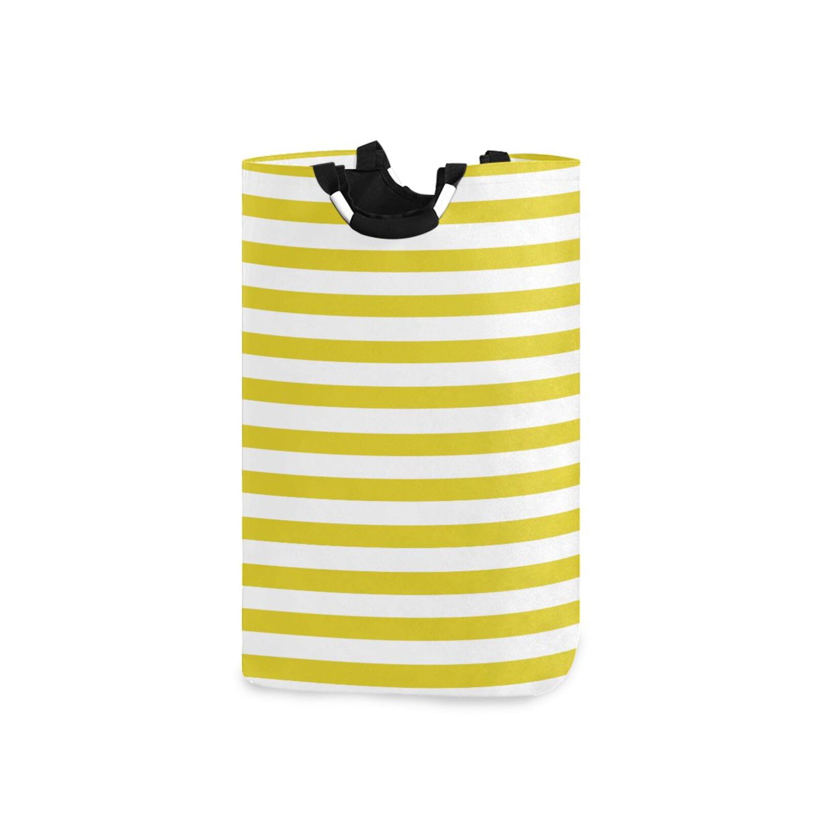 Jihqo Laundry Hamper Basket Yellow White Stripes Collapsible Nursery Storage Bin Waterproof Clothing Baskets for Home Bedroom Bathroom Washing Room