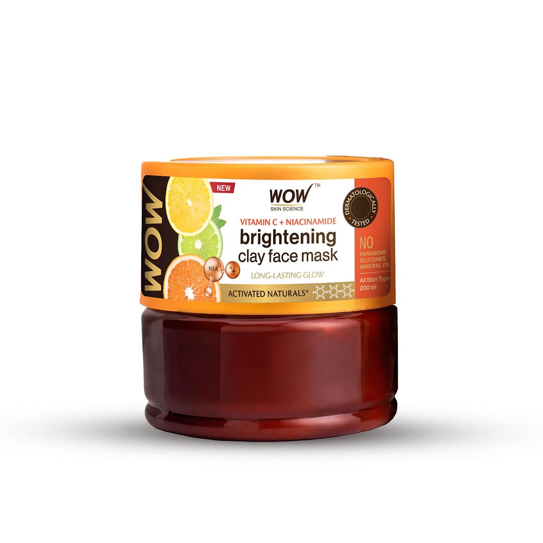 Wow Skin Science Vitamin C Glow Clay Face Mask With Lemon & Orange Essential Oils, Jojoba Oil & Bentonite Clay - For All Skin Types - No Parabens, Synthetic Fragrance, Mineral Oil & Color - 200 Ml
