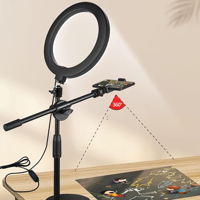 Image of Overhead Shooting Tripod Stand with 16cm USB LED Ring Light & Mobile Holder, Adjustable Overhead Stand for Phone | Ring Light Tripod for Flat Lay Photography, Cooking Videos, YouTube & Vlogging
