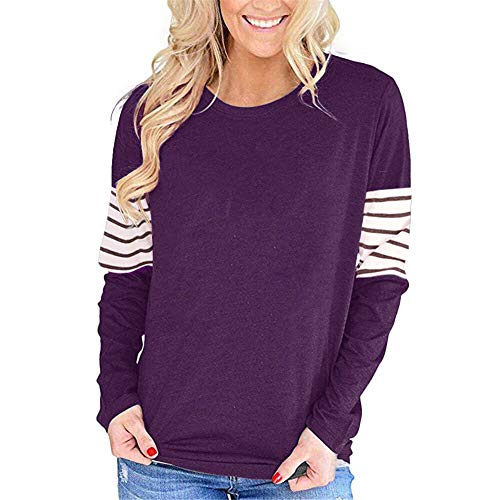 MK Shop Limited Women Stripe Shirt Color Block Patchwork Shirts Long Sleeve Casual Round Neck Blouse Tops (Purple, XL)