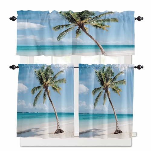Summer Beach Kitchen Curtains 36 Inch Length, 3 Piece Rod Pocket Small Half Tiers and Valance Set, Botanical Tropical Tree Ocean Blue Sky Small Large Window Treatment Decor for Bedroom/Bathroom Sink
