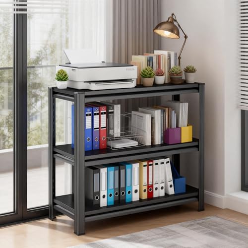 Image of 3-Tier Bookshelf, Modern Metal Book Shelf, 900LBS Industrial Tall Display Bookcase, Adjustable Bolt-Free Storage Shelves for Living Room, Bedroom, Garage, Kitchen, Black, 23.6 inch W x14 D x31.5 H