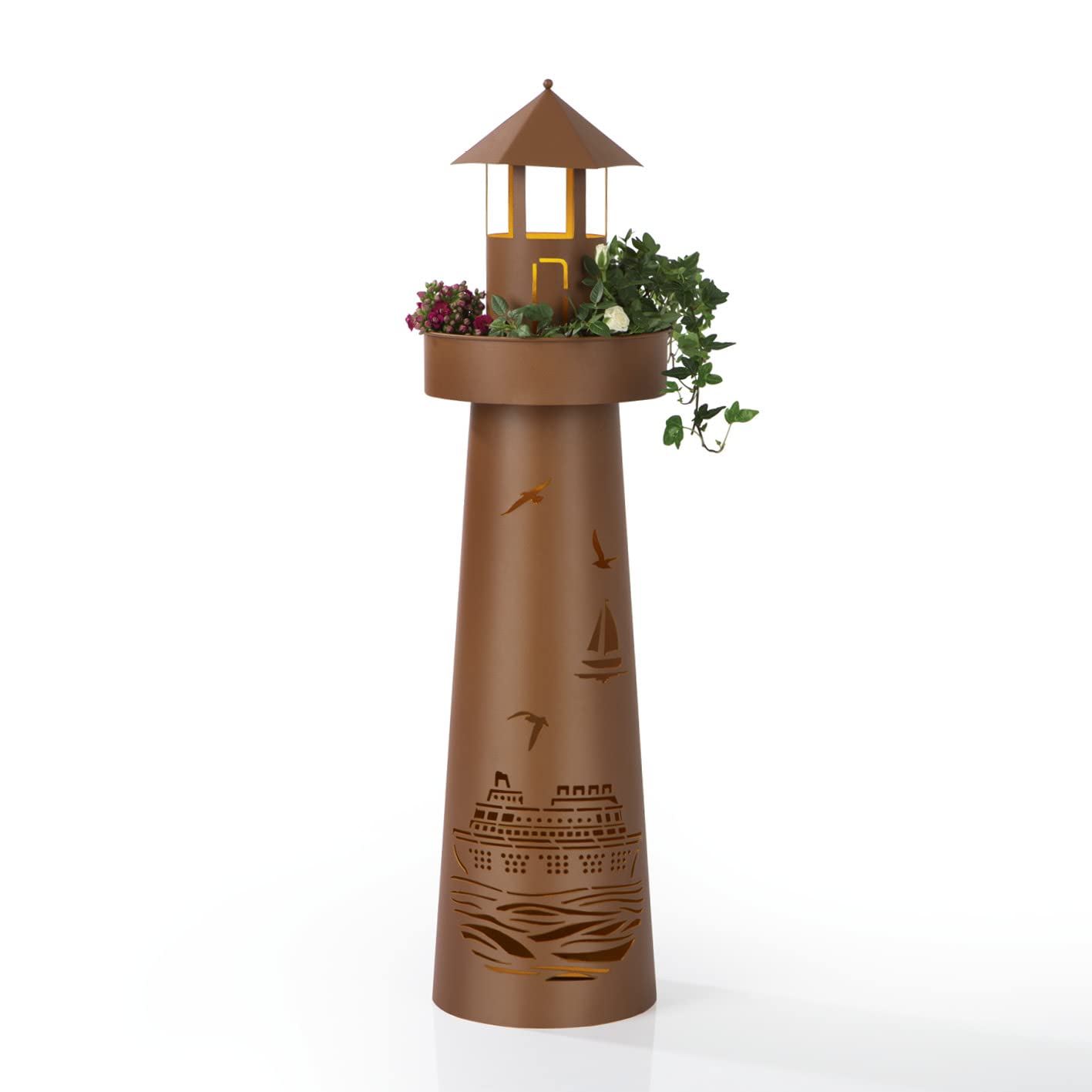LED Plant Column in Lighthouse Design and Maritime Punching in Rust Look, For Indoor and Outdoor Use, with LED Lighting, 6h Timer, Wireless, Platform Individually Plantable [Diameter 21 x 80