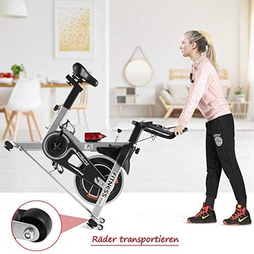 Foto von Fitnessclub Heimtrainer Fahrrad Fitnessbikes mit 12KG Schwungrad, Indoor Cycling Bike mit einstellbarem Widerstand, Fitnessbike mit Herzfrequenzsensoren, LCD und Getränkehalter (Silber)