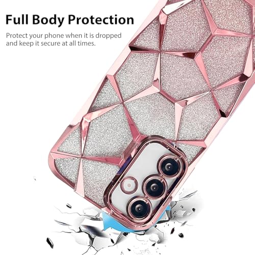 Image of VONZEE Gradient Glitter Clear Case for Samsung S25 Plus, Luxury Electroplated 3D Cube, Diamond Bling Shiny Soft TPU Clear Shockproof Women Girls Protective Phone Cover (Rose Gold)