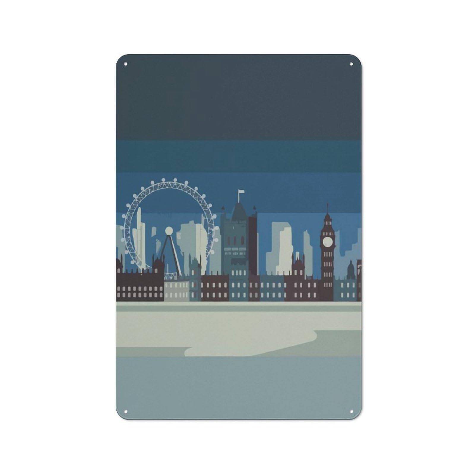 Tin Sign 30x20cm with London Skyline Illustration for Workshop Wall, Rustic Decor, Suited to Workshop Decor Fans