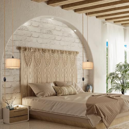 Image of Plug in Pendant Lights Fabric Hanging Lamp Kit with Dimmable Switch 15 Ft Long Hemp Rope Farmhouse Pndant Light Cord Lighting Fixture DIY Hanging Light