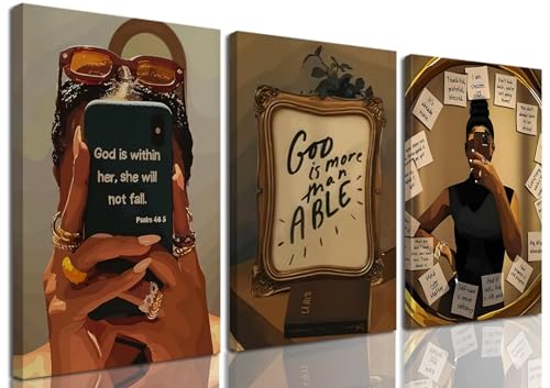 Framed Black Girl Wall Art Set of 3, Fashion Inspirational Black Woman Wall Decor Paintings, African American Positive Affirmations Pictures Canvas Prints for Living Room Bedroom Office 12x16 inch