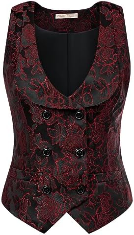 Belle Poque Damen Weste mit Gebogenes Revers V-Ausschnitt Karierte Weste mit Zwei Taschen Geometrischer Saum Einfarbig Jacke