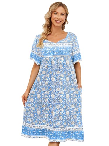 Image of CRIPOM Womens Nightgown Short Sleeve House Dress with Pockets-Floral Print Mumu Dress S-3XL