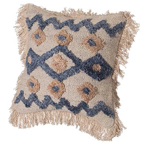 Deerlux 16" Handwoven Cotton & Silk Throw Pillow Cover with Embossed Zig Zag, Blue & Beige