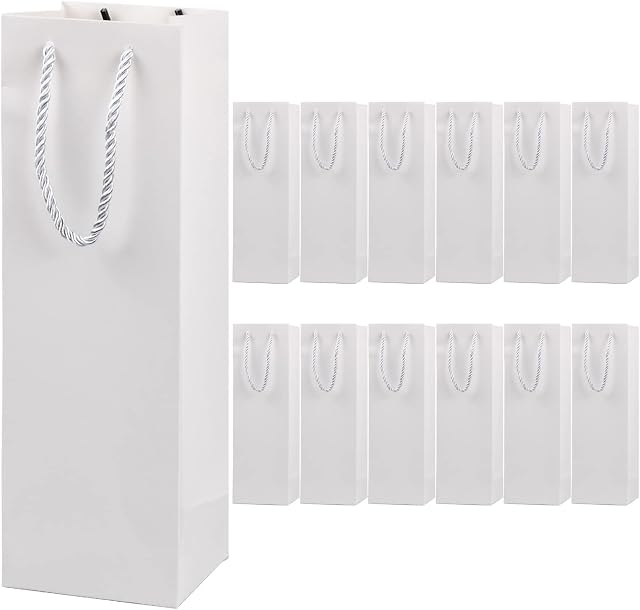 12PCS Wine Champagne Gift Paper Bags with Handles, Reusable Kraft Paper Wine Bottle Holder, Single Bottle Wine Carrier Wine Storage Bag For Wedding Birthday Party Festival (White)