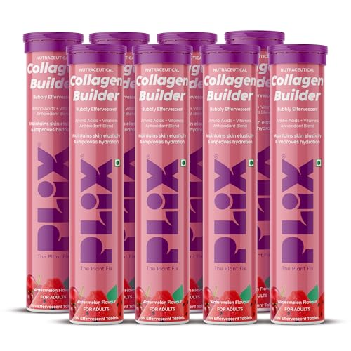 Image of PLIX - THE PLANT FIX Collagen Builder Bubbly Effervescent - 15 Tablets (Pack of 8, Watermelon) for Hydrated Skin & Anti-Aging | Amino Acid Blend For Collagen Production | Vitamin C & E | 100% Vegan