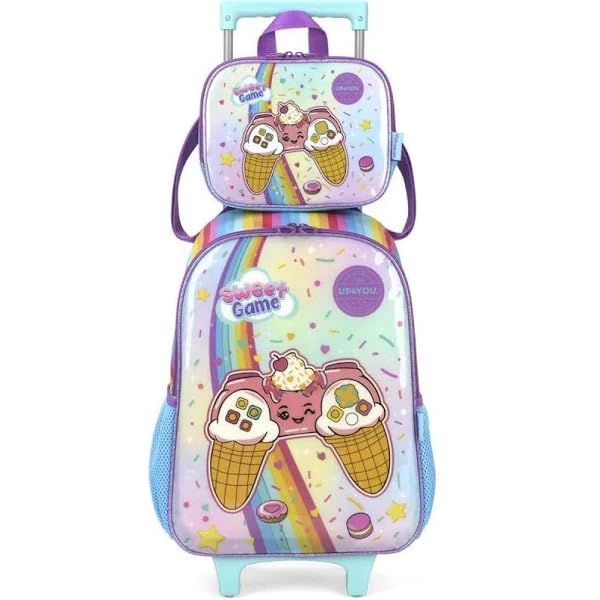Kit Mochila de Rodinhas e Lancheira UP4YOU Sweet Game Azul - Luxcel