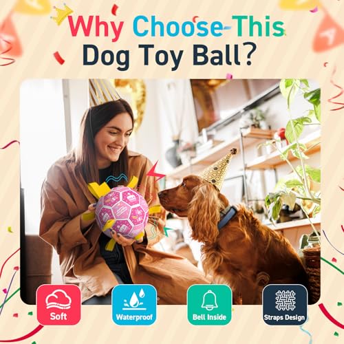 Image of QDAN Dog Birthday Toys, Puppy Gifts, Dog Soccer Ball with Straps, Pink | 8 Inch Outdoor Herding Balls for 30-90 lbs Dogs, Interactive Training Soccer Toy for Tug of War, Dog Ball to Keep Them Busy
