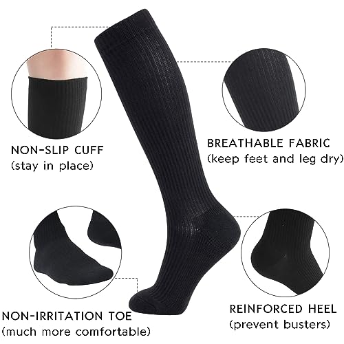 Image of +MD Cotton Compression Socks for Women & Men 4 /6 Pairs 15-20mmHg Knee High for Sports, Travel, Nursing Long Sitting Standing