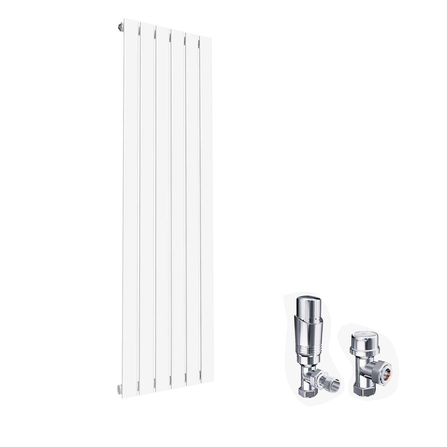 ELEGANT Modern Vertical Radiator Single Designer White Tall Upright Radiators Central Heating Wall Panel 1600 x 452 mm with Chrome Thermostatic Valves Set