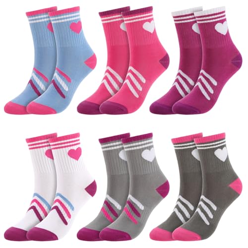 Jspupifip 6 Pairs Kids Athletic Socks, Girls Socks with Retro Hearts Stripes, Sport Crew Sock for Youth Teen Girls 9-13 Years Old