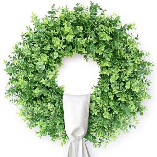 Image of 26 inch Artificial Eucalyptus Wreath with Sash for Front Door Decor(Green) | Faux Large Greenery, UV-resistant, for Porch /Window /Wall /Farmhouse /Home /Outdoor /Spring /Summer /All Seasons Decor