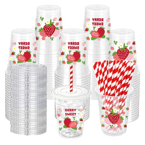 ZCPTZ 50 Pcs Strawberry Plastic Cups with Lids and Straws, 12 oz Strawberry Disposable Cups Pink Clear Strawberry Party Drinking Cups for Summer Spring Party Birthday Baby Shower Supplies