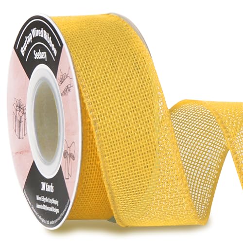 Burlap Wired Ribbon 1-1/2 Inch x 10 Yards Solid Wired Edge Ribbon for Big Bows, Wreaths, Outdoor Decoration, Gift Wrapping, Fall Crafts, Flower Bouquets, Garland (Yellow)