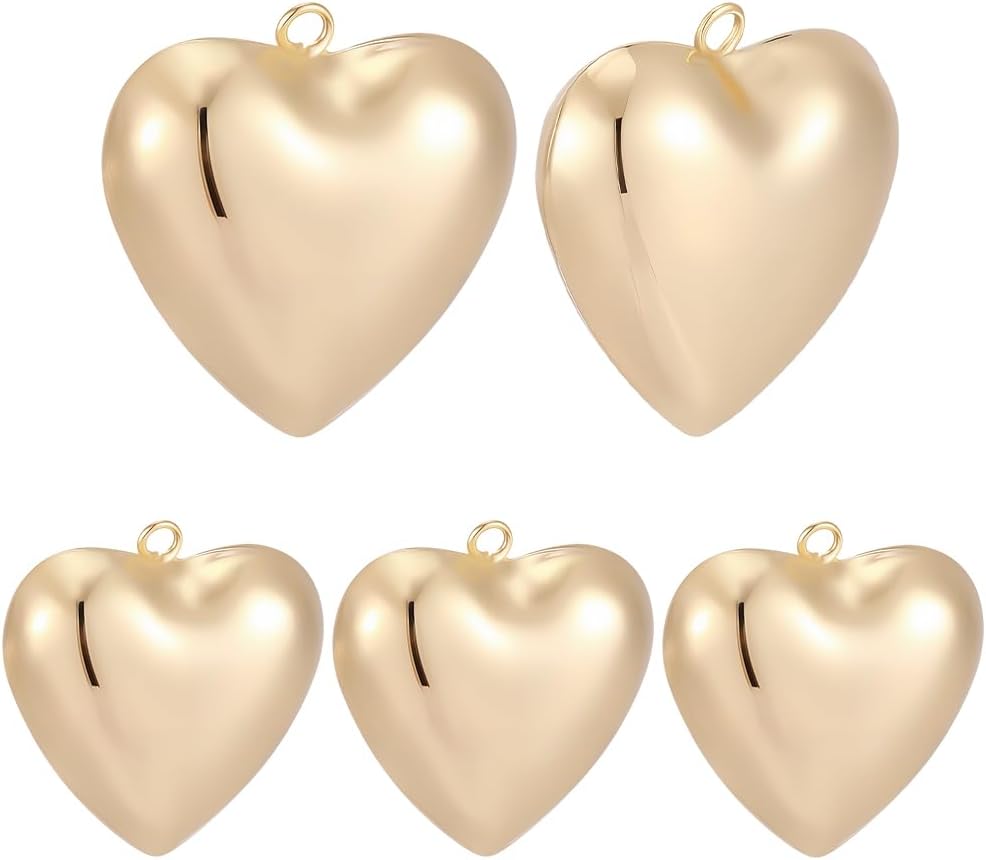 Beebeecraft 1 Box 5Pcs 3D Heart Charms Puffy Gold Charms Real 18K Gold Plated Brass Hearts Love Valentines Aesthetics Smooth Pendants for Necklaces Bracelets Earrings Jewelry Making DIY Craft