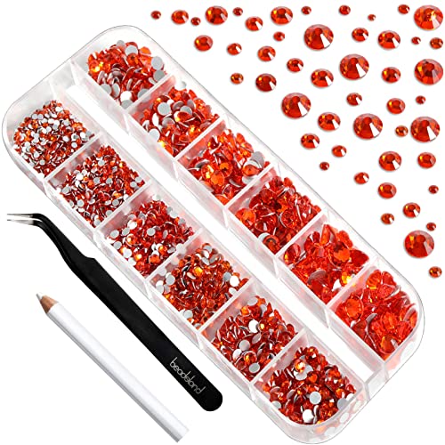 Image of Beadsland Rhinestones for Makeup,8 Sizes 2500pcs Orange Flatback Rhinestones Eye Gems for Nails Crafts with Tweezers and Wax Pencil,Orange,SS4-SS30