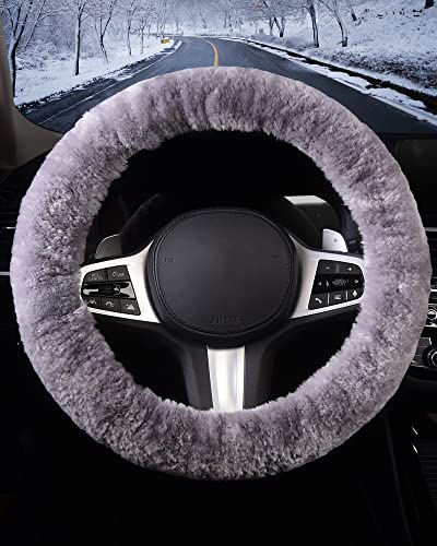 TOYOUN Lenkradbezug aus Schaffell Echt, Universal Lenkradbezug Fell Auto Lenkradhülle Plüsch Lenkradabdeckung Warm Auto Winter Zubehoer, Grau
