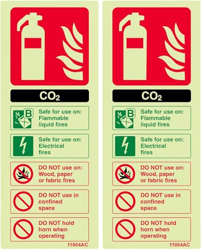 Image of VSafety Glow In The Dark Co2 Id Fire Extinguisher Sign - 75mm x 200mm - Rigid Plastic (Pack of 2)