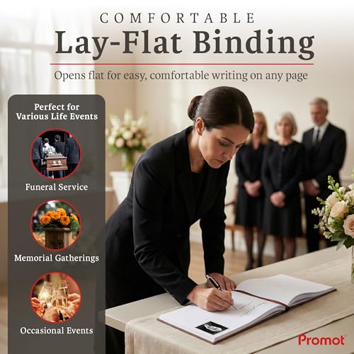 Image of Promot Funeral Guest Book for Memorial Service- Guest Book for Funeral Celebration of Life Decorations, in Loving Memory Guestbook Set with Wide-Ruled Pages, Custom Gold Foil Embossed Text (Brown)
