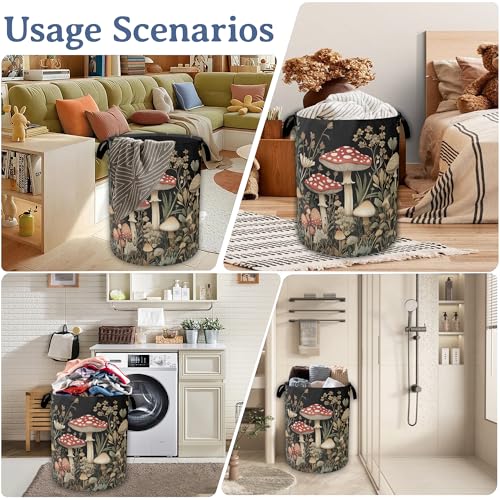 Image of Red Mushrooms Laundry Basket,Foldable Waterproof Oxford Cloth Tote Bag Wildflower Plant Berries Laundry Hamper with Handles,20.8 inchx16 inch Clothes Storage Bucket Organizer for Laundry Room Bathroom Bedroom