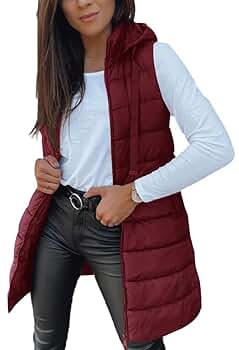Veatzaer Women Long Vest Solid Color Sleeveless Hood Winter