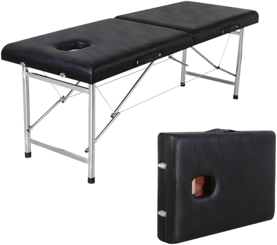 Tattoo Gizmo Massage Table–2 Folding Portable Steel Spa Bed for Full Body 60Inch Face Cradle Table Foldable Tables, 150 kg Weight Holding Capacity for Home Professional Facial Salon Massage Bed-Black